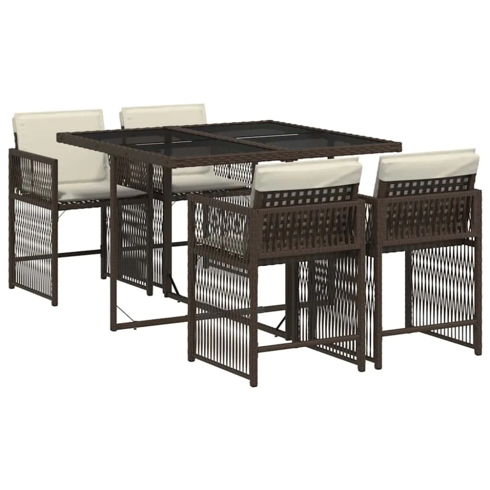 5 pcs conjunto jantar para jardim com almofadões vime PE castanho com Mesa e 6 Cadeiras