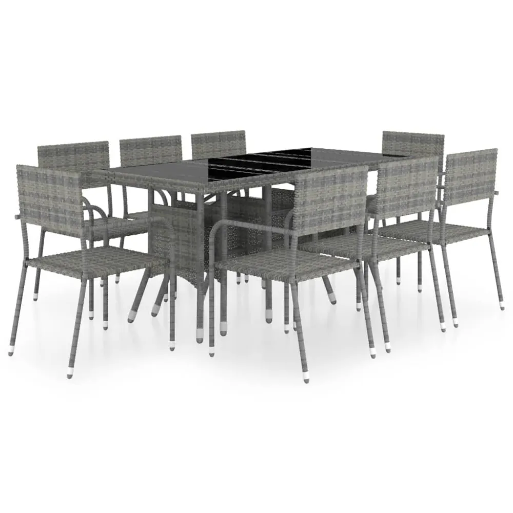 9 pcs conjunto jantar para jardim vime PE antracite e cinzento com Almofadas Incluídas