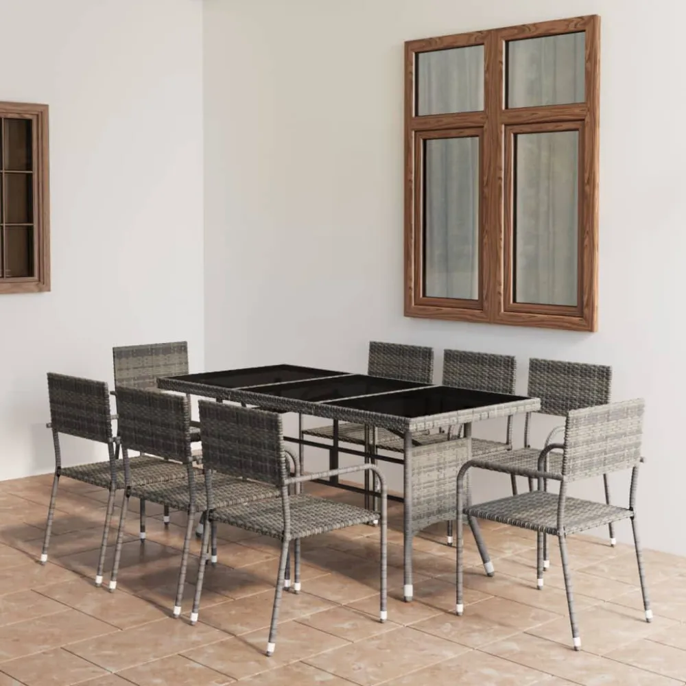 9 pcs conjunto jantar para jardim vime PE antracite e cinzento com Almofadas Incluídas