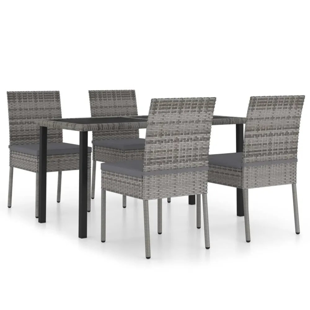 5 pcs conjunto de jantar para jardim vime PE cinzento Kit Completo com Almofadas