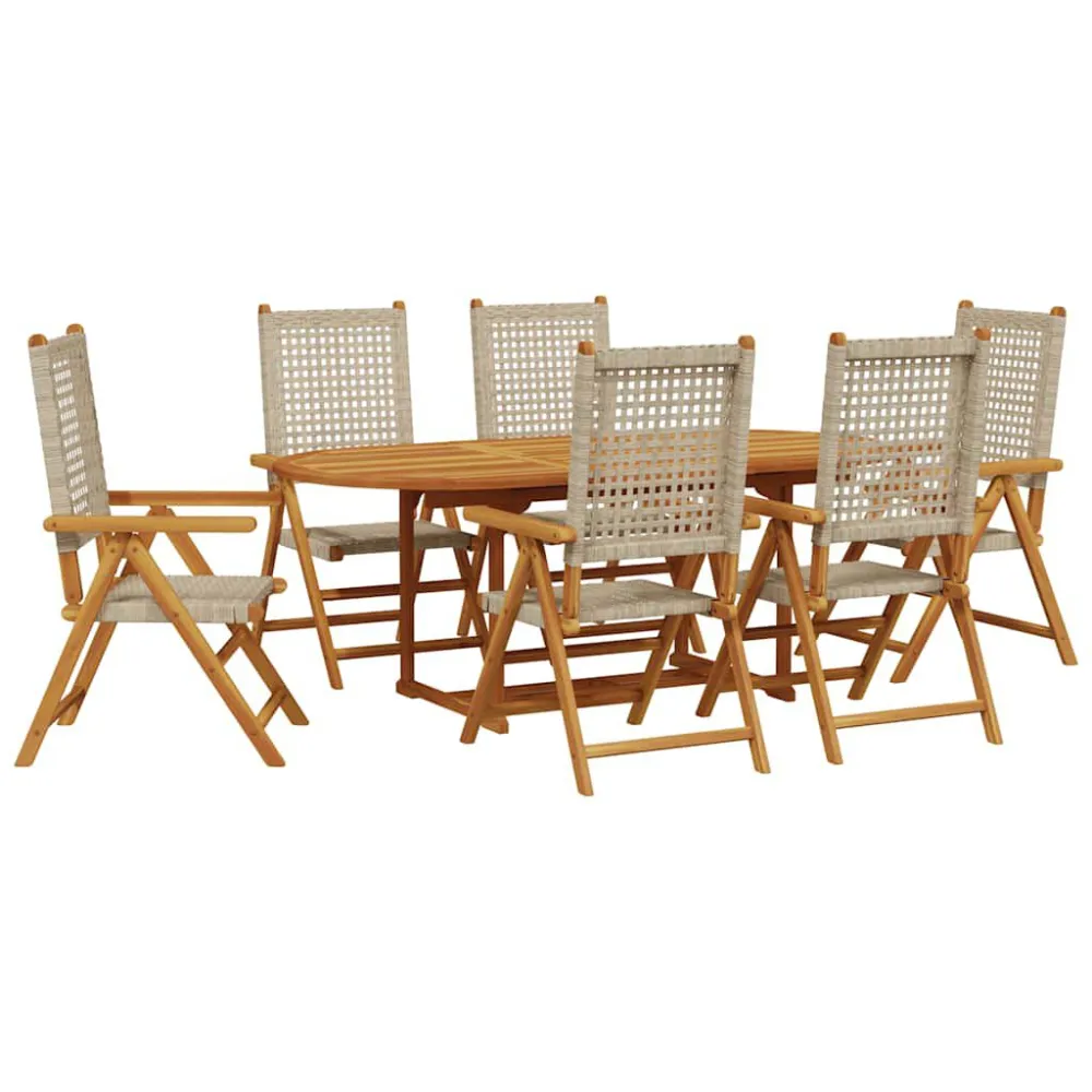 7pcs conjunto de jantar para jardim vime PE/ madeira maciç bege | Material Impermeável