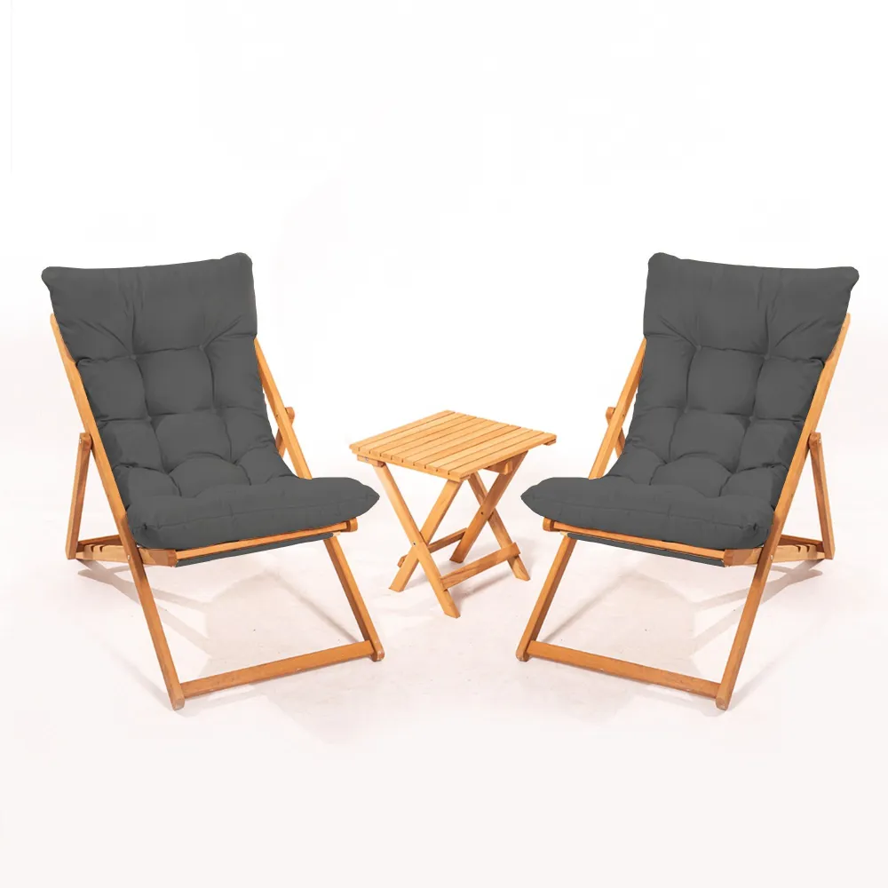 Conjunto de 2 cadeiras de jardim e 1 mesa de centro Purrault Madeira maciç clara e Tecido Cinza obscuro