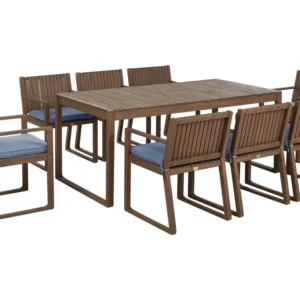 Conjunto Completo para Piquenique Conjunto refeições 8 pessoas em madeira de acácia escura com almofadas azuis SASSARI