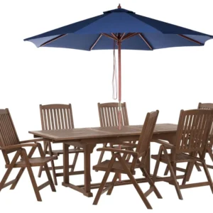Conjunto Completo para Piquenique Conjunto de refeição de jardim 6 lugares em madeira de acácia com guarda-sol azul AMANTEA