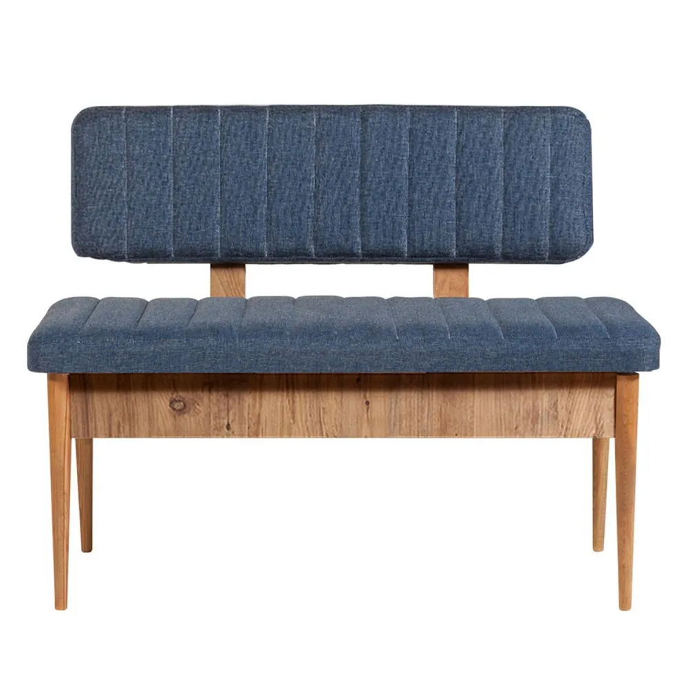 Conjunto de mesa extensível, 2 cadeiras, banco e banqueta Malva Madeira clara e Tecido Azul sombrio