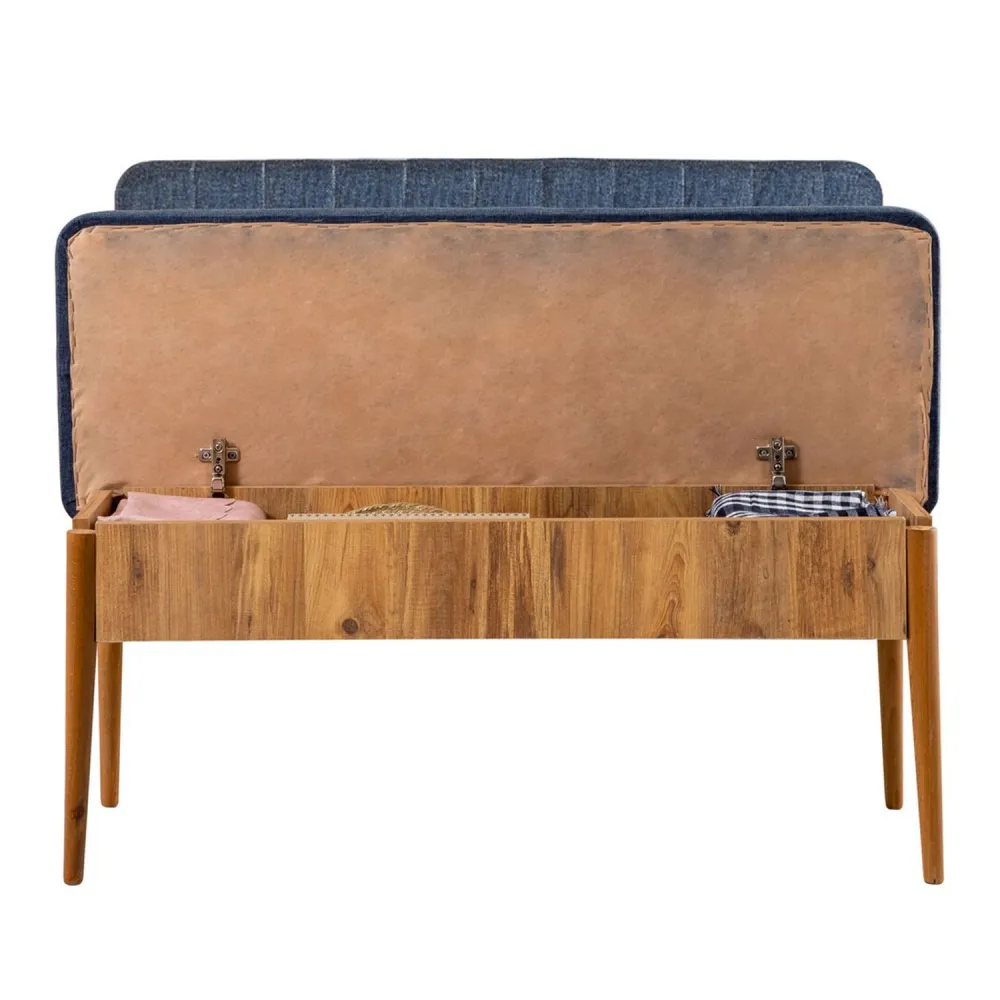 Conjunto de mesa extensível, 2 cadeiras, banco e banqueta Malva Madeira clara e Tecido Azul sombrio