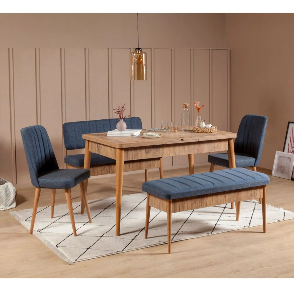 Conjunto de mesa extensível, 2 cadeiras, banco e banqueta Malva Madeira clara e Tecido Azul sombrio