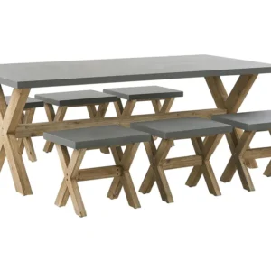 Conjunto de refeições com mesa em fibra de cimento e 6 tamboretes cinzentos OLBIA | Material Impermeável