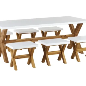 Conjunto de refeições com mesa em fibra de cimento e 6 tamboretes brancos OLBIA com Garantia de 1 Ano