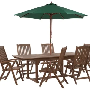 Conjunto de refeição de jardim 6 lugares em madeira de acácia com guarda-sol verde AMANTEA com Garantia de 1 Ano