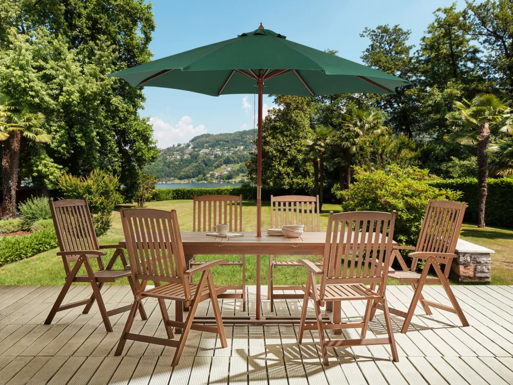 Conjunto de refeição de jardim 6 lugares em madeira de acácia com guarda-sol verde AMANTEA com Garantia de 1 Ano