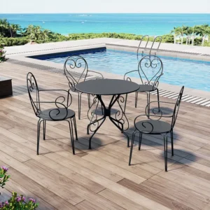 Mesa + 4 cadeirões de jardim em metálico estilo ferro forjado - GUERMANTES com Garantia de 1 Ano