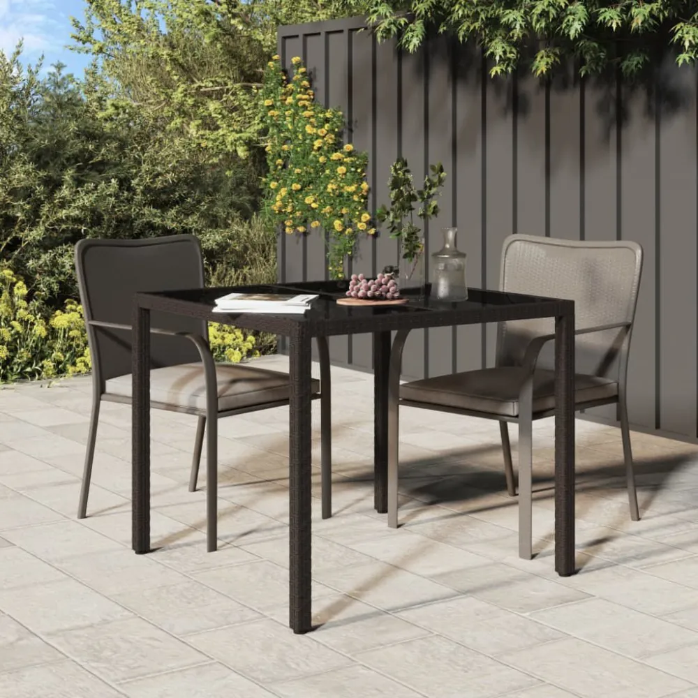 Mesa de jardim 90x90x75 cm vidro temperado e vime PE castanho | Material Impermeável