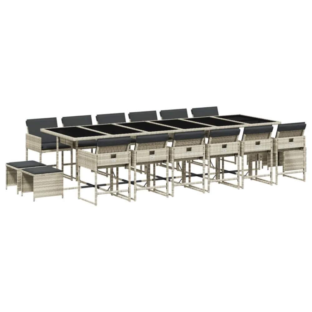 17 pcs conj. jantar jardim com almofadões vime PE cinzento-claro com Garantia de 1 Ano