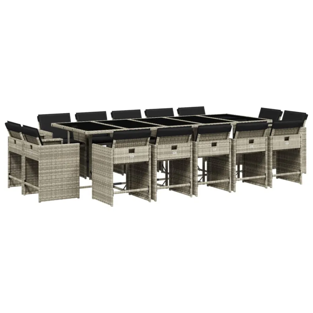 15 pcs conj. jantar jardim com almofadões vime PE cinzento-claro com Garantia de 1 Ano