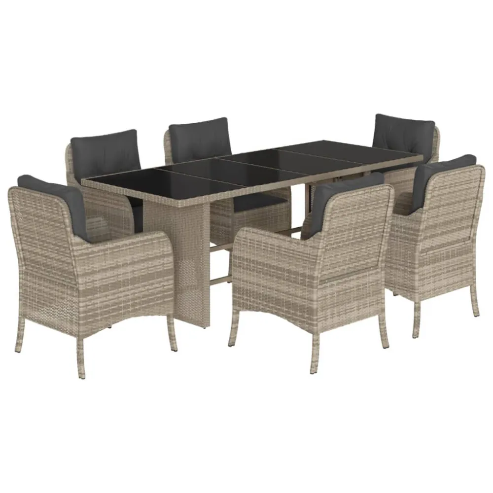 7 pcs conj. jantar para jardim com almofadões vime PE cinza-claro com Garantia de 1 Ano