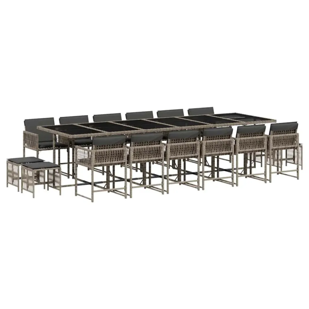 17 pcs conj. de jantar para jardim com almofadões vime PE cinzento | Material Impermeável