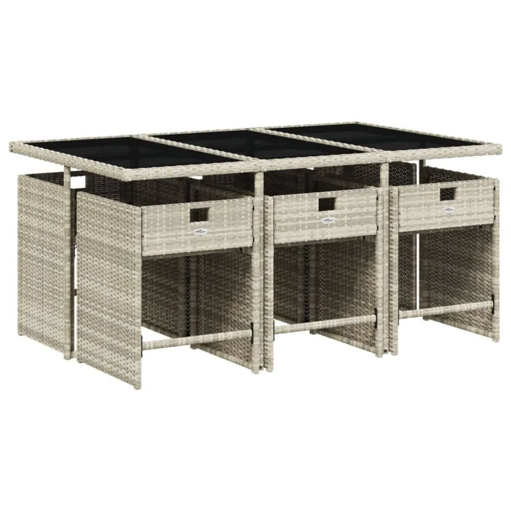 7 pcs conj. jantar para jardim com almofadões vime PE cinza-claro com Garantia de 1 Ano
