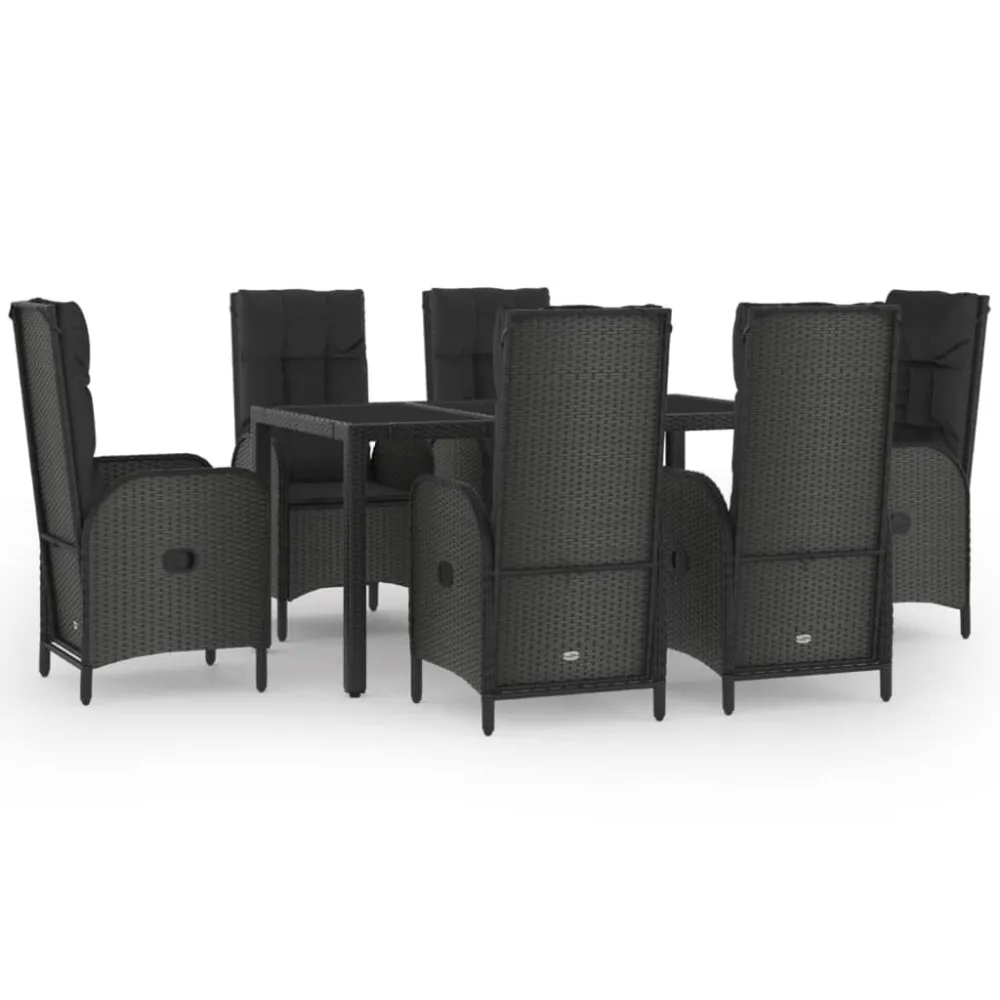 7 pcs conjunto jantar jardim com almofadões vime PE preto/cinza | Material Impermeável