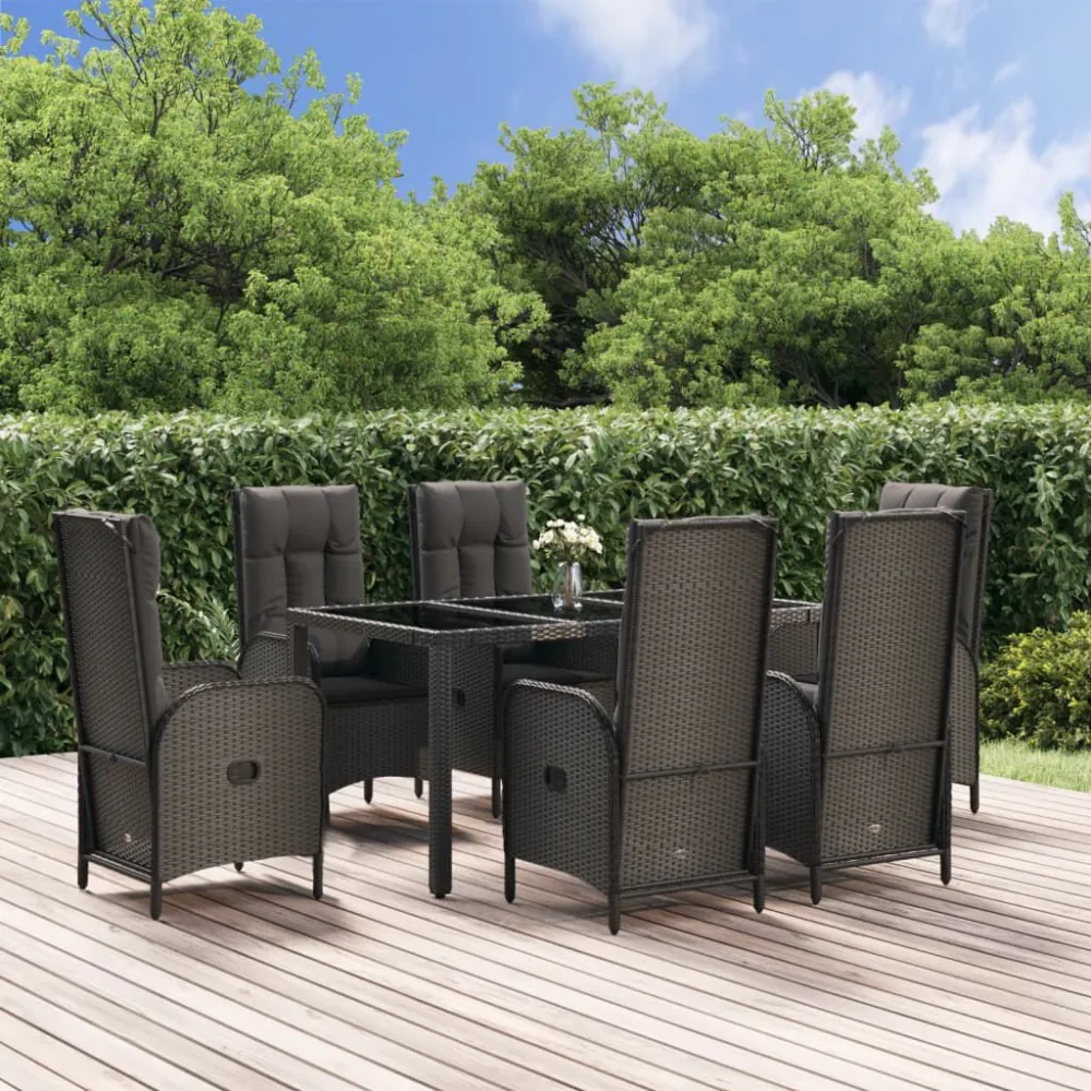 7 pcs conjunto jantar jardim com almofadões vime PE preto/cinza | Material Impermeável