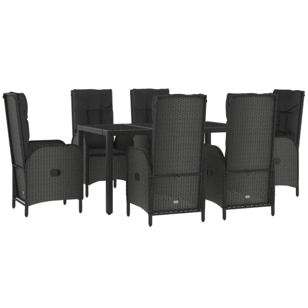 7 pcs conjunto jantar jardim com almofadões vime PE preto/cinza | Material Impermeável