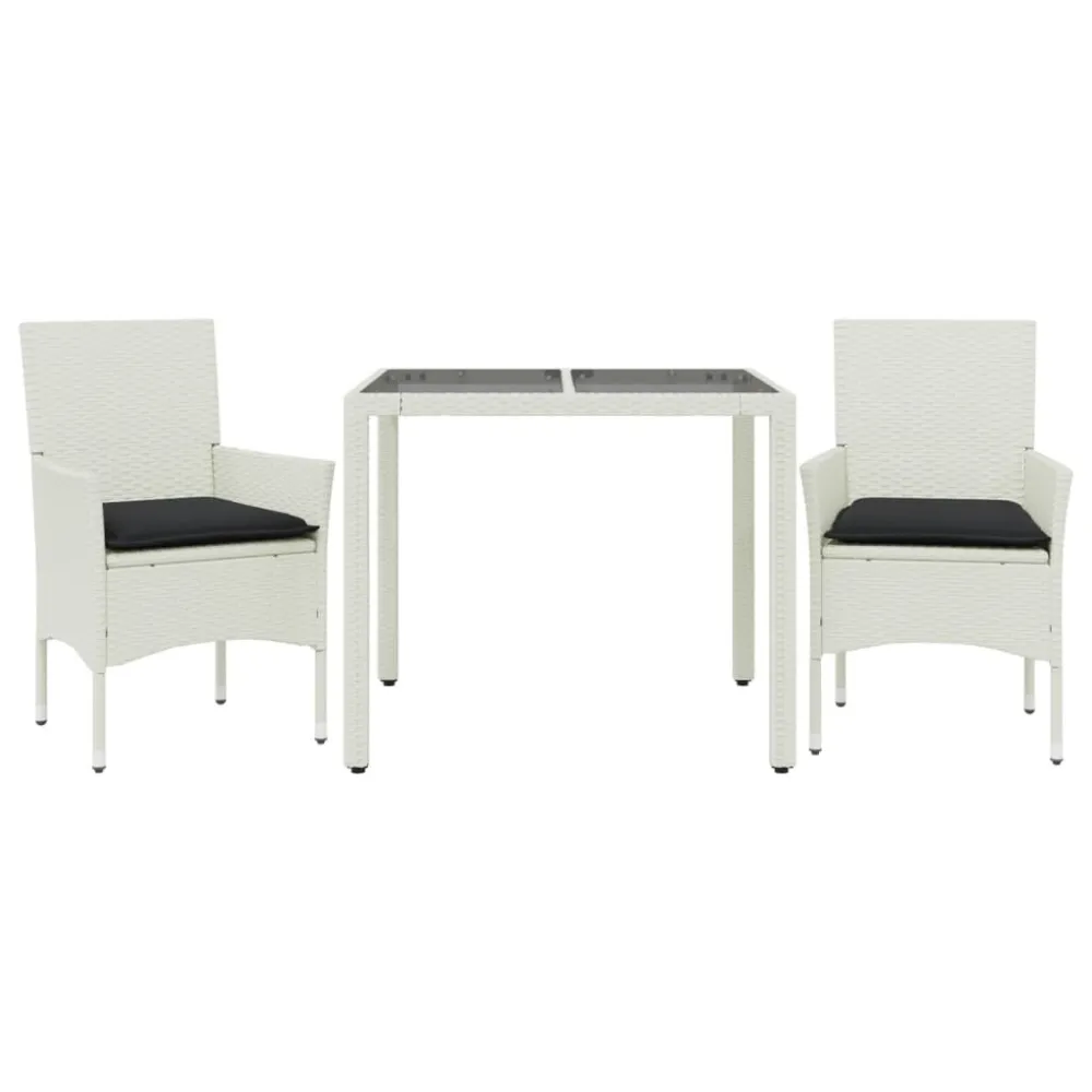 3 pcs conjunto jantar jardim com almofadões vime PE/vidro branco | Material Impermeável