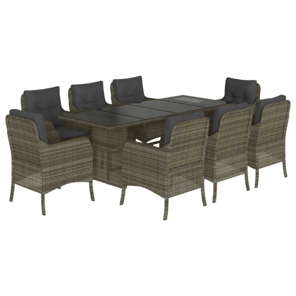 9 pcs conjunto de jantar para jardim com almofadões vime PE cinza | Material Impermeável