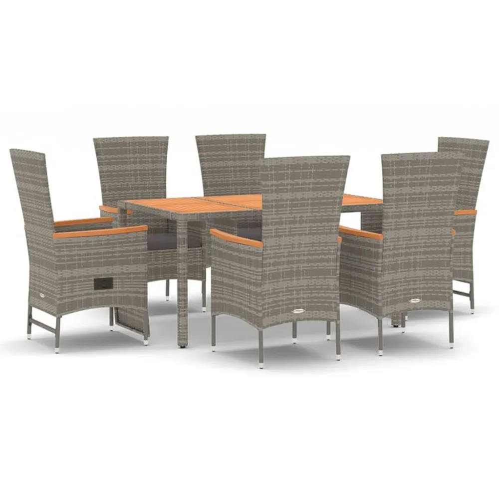 7 pcs conjunto de jantar para jardim com almofadões vime PE cinza com Garantia de 1 Ano