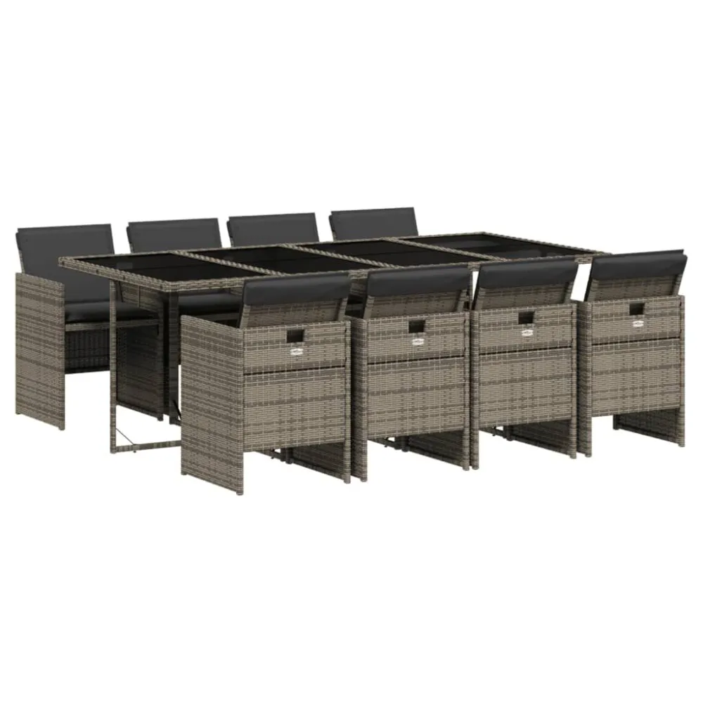 9 pcs conjunto de jantar para jardim com almofadões vime PE cinza com Garantia de 1 Ano