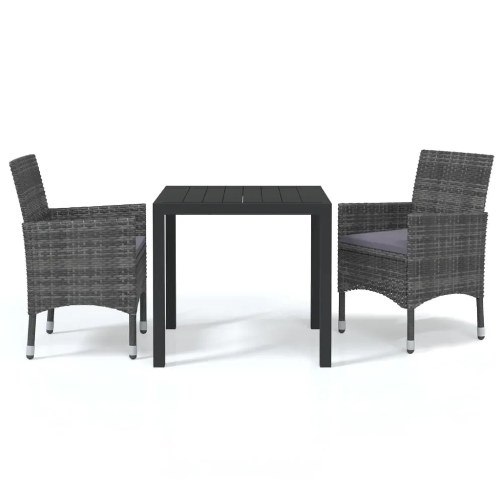 3 pcs conjunto de jantar para jardim com almofadões vime PE cinza | Material Impermeável