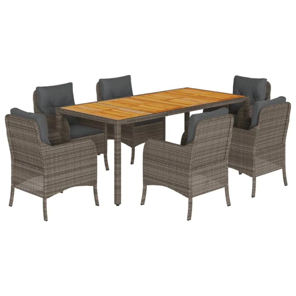 7 pcs conjunto de jantar para jardim com almofadões vime PE cinza com Garantia de 1 Ano