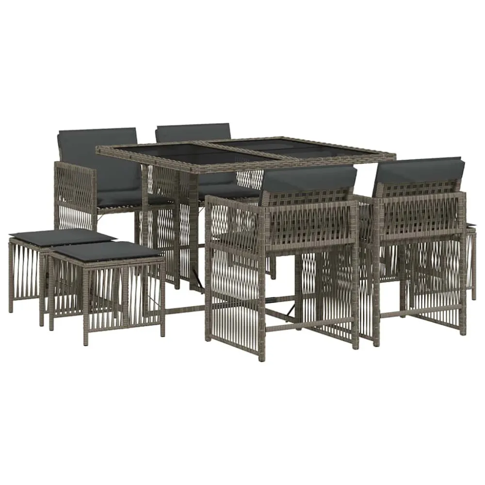 9 pcs conjunto de jantar para jardim com almofadões vime PE cinza | Material Impermeável