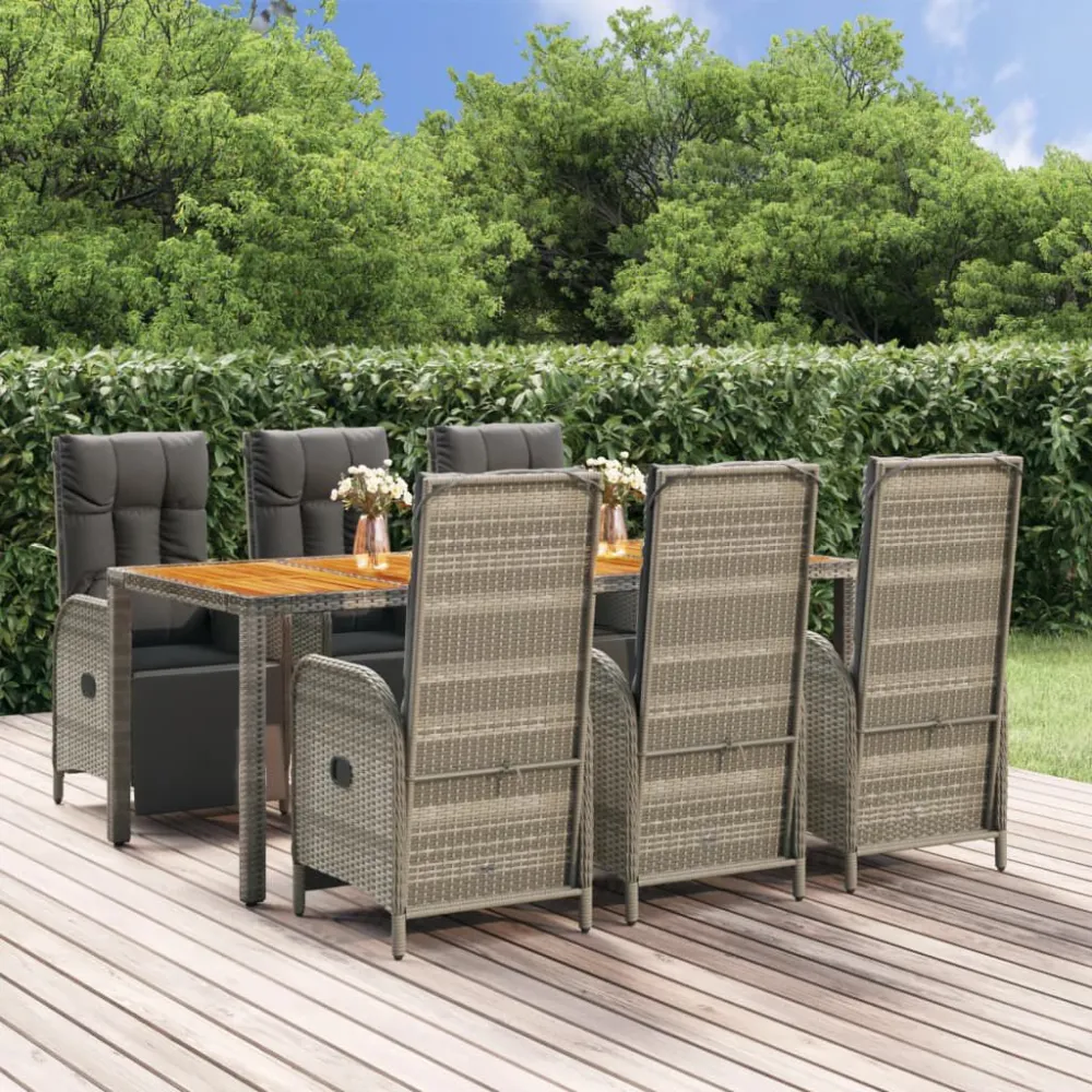 7 pcs conjunto de jantar para jardim com almofadões vime PE cinza com Garantia de 1 Ano