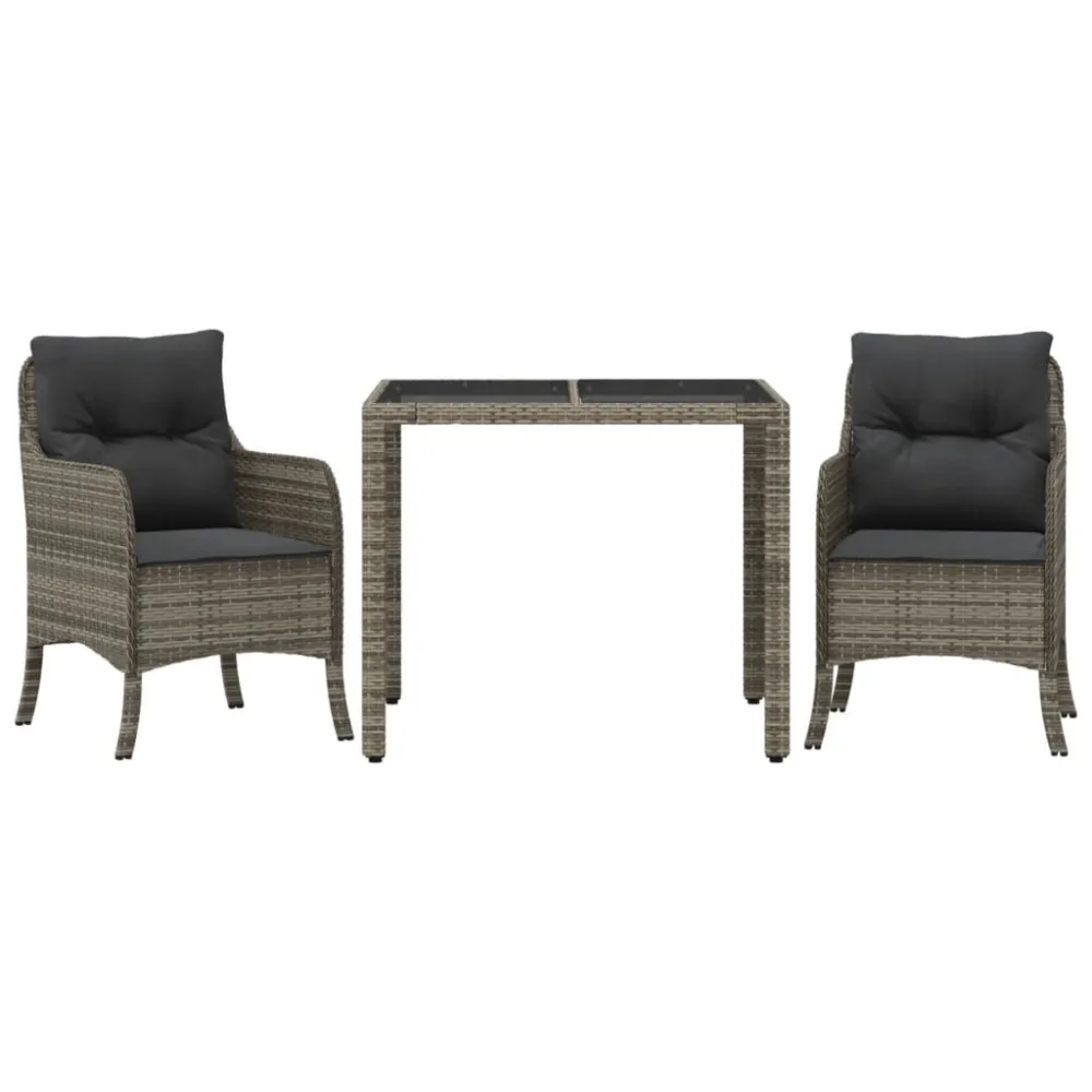3 pcs conjunto de jantar para jardim com almofadões vime PE cinza | Material Impermeável