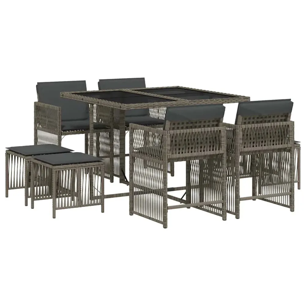9 pcs conjunto de jantar para jardim com almofadões vime PE cinza | Material Impermeável