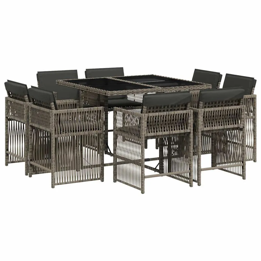 9 pcs conjunto de jantar para jardim com almofadões vime PE cinza | Material Impermeável