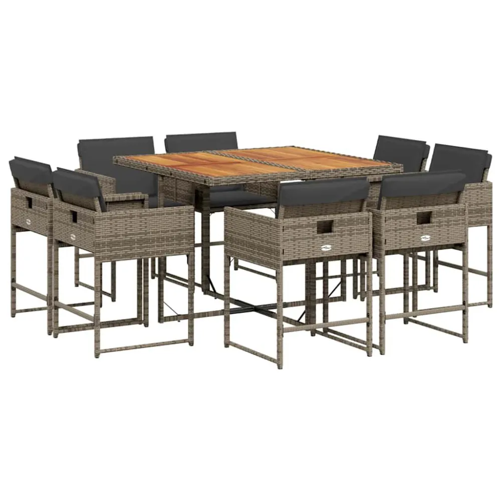 9 pcs conjunto de jantar para jardim com almofadões vime PE cinza com Garantia de 1 Ano
