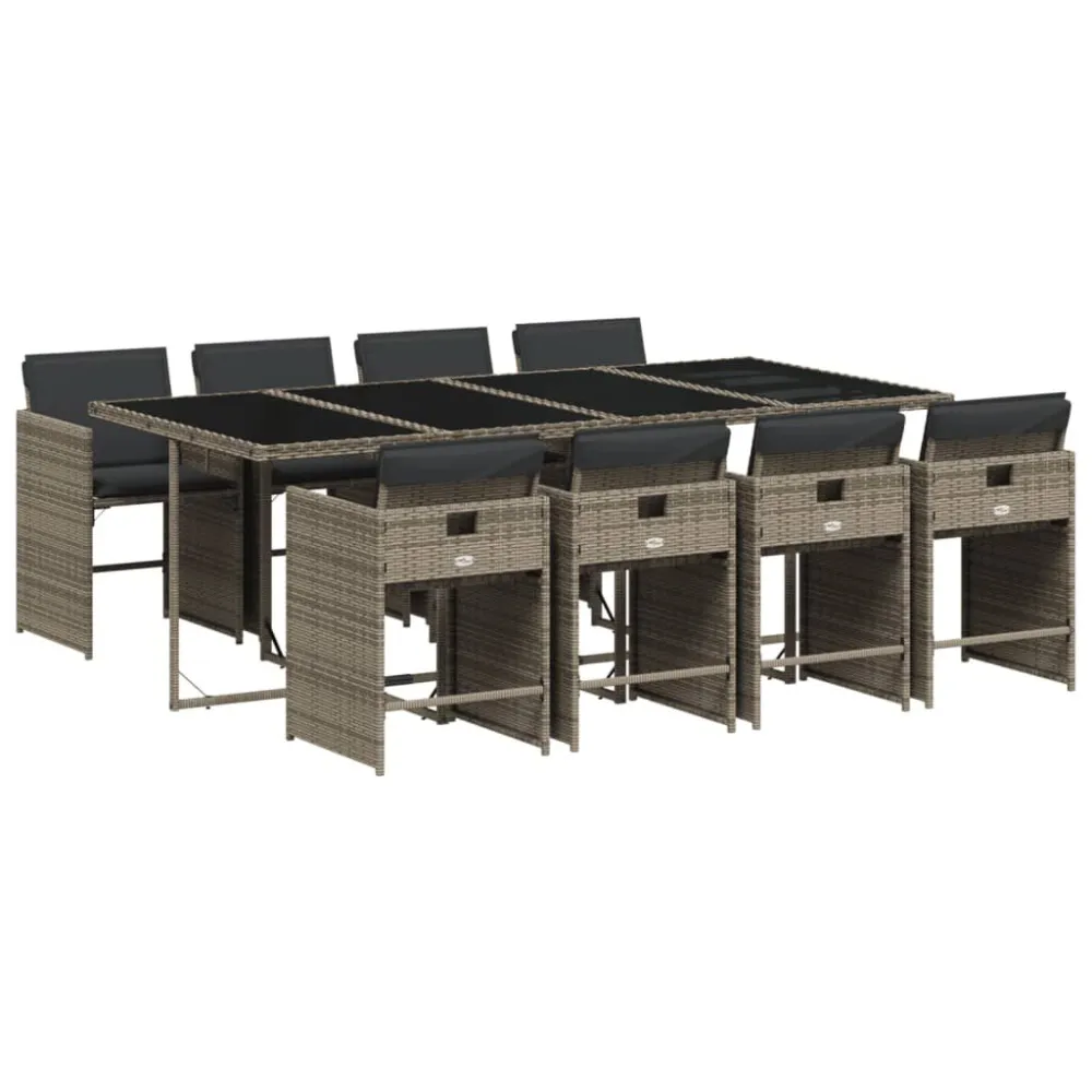 9 pcs conjunto de jantar para jardim com almofadões vime PE cinza | Material Impermeável