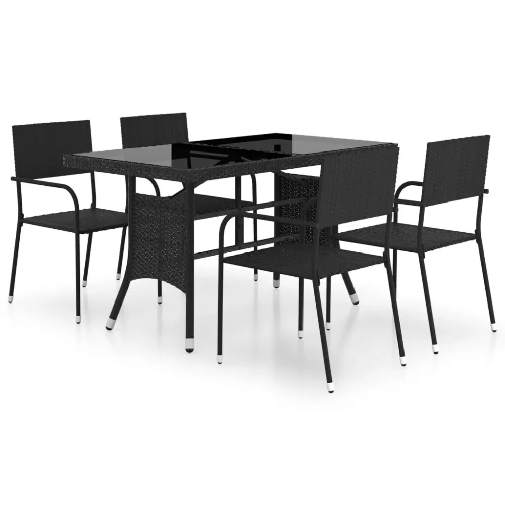 5 pcs conjunto de jantar para jardim vime PE preto com Garantia de 1 Ano