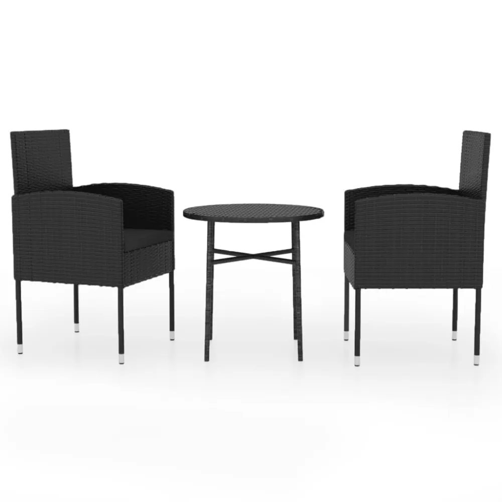 3 pcs conjunto de jantar para jardim vime PE preto com Garantia de 1 Ano