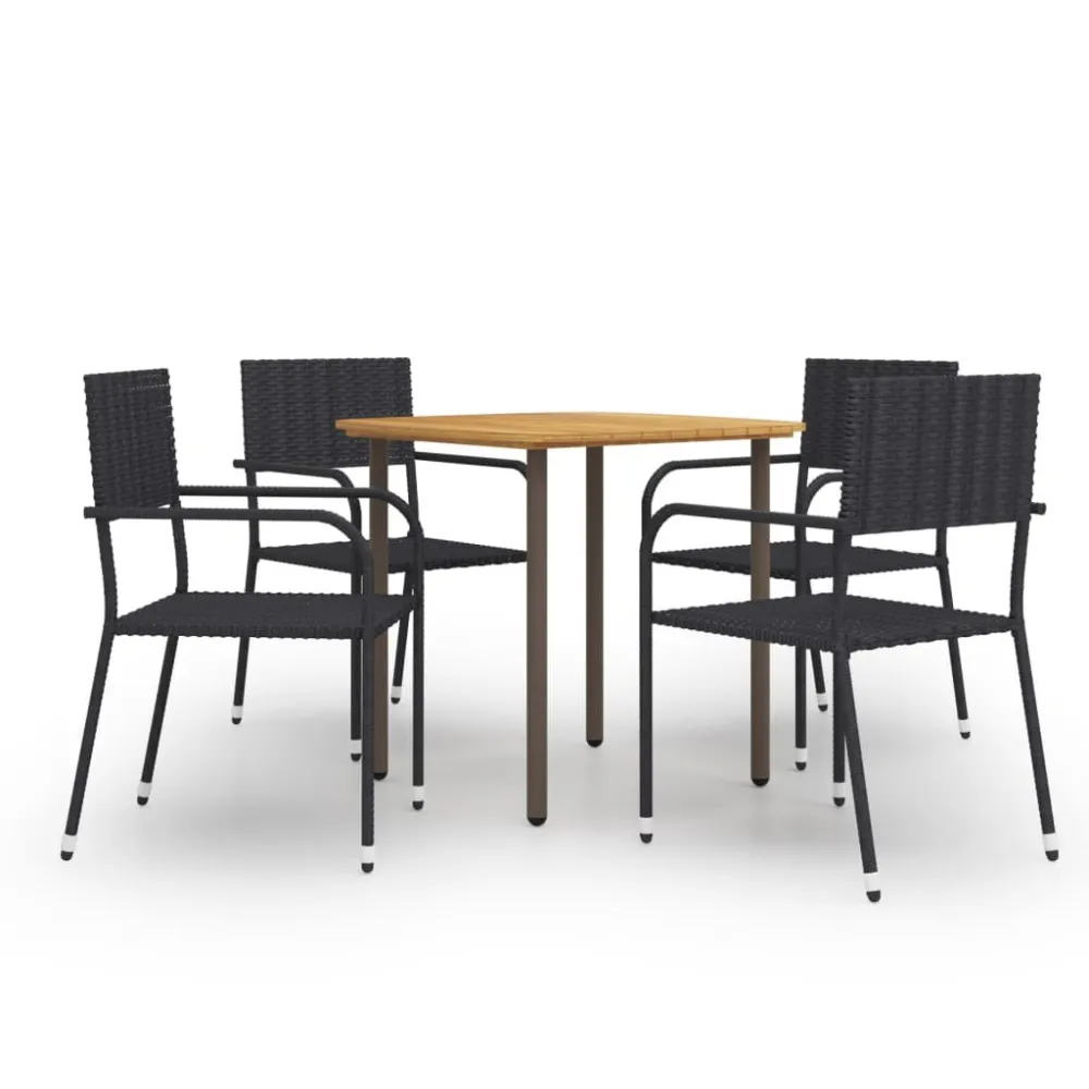 5 pcs conjunto de jantar para jardim vime PE preto com Garantia de 1 Ano