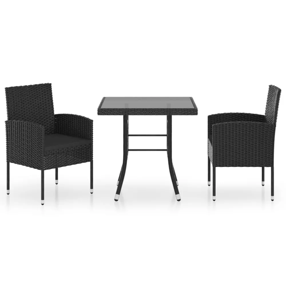 3 pcs conjunto de jantar para jardim vime PE preto com Garantia de 1 Ano