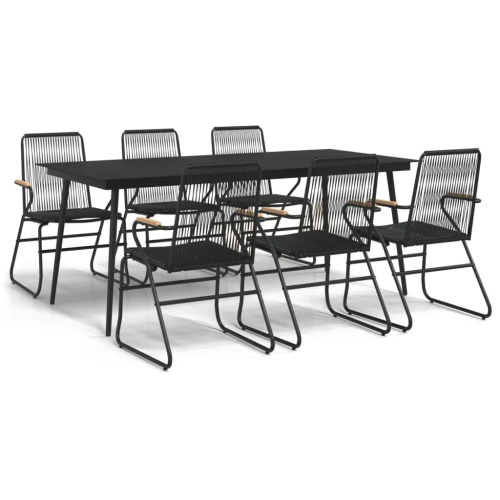7 pcs conjunto de jantar para jardim vime de PVC preto | Material Impermeável