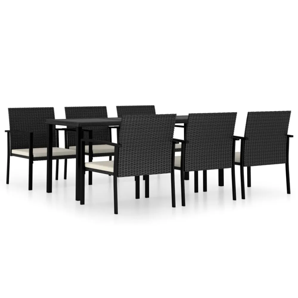 7 pcs conjunto de jantar para jardim vime PE preto com Garantia de 1 Ano