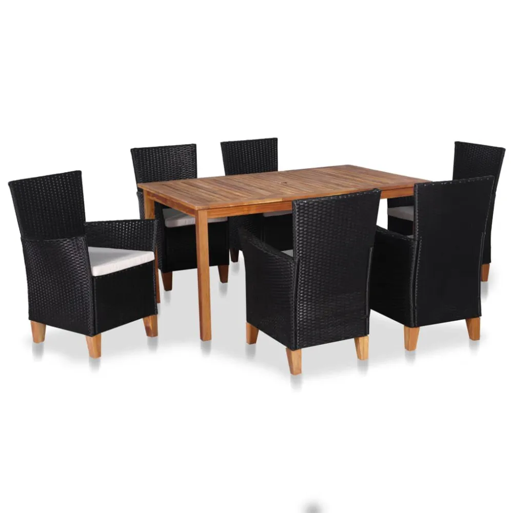 7 pcs conjunto de jantar para jardim vime PE preto e castanho com Garantia de 1 Ano
