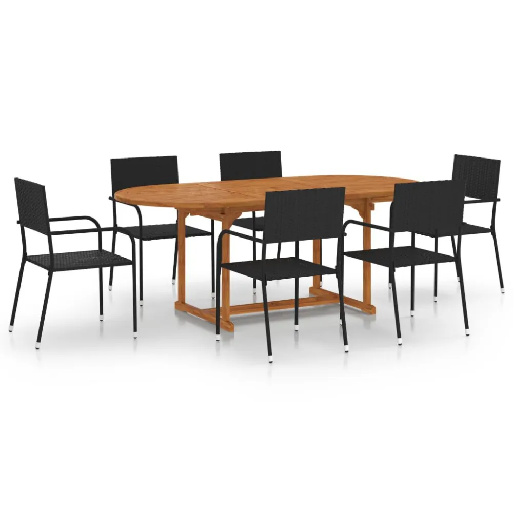 7 pcs conjunto de jantar para jardim vime PE preto | Material Impermeável