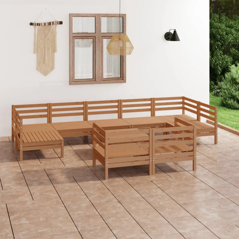 10 pcs conjunto lounge de jardim pinho maciço castanho mel | Material Impermeável