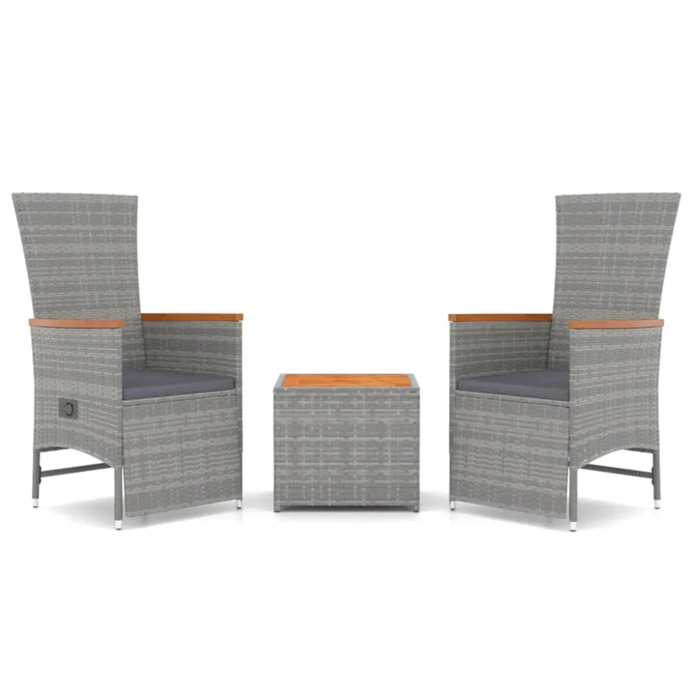 3 pcs conjunto lounge de jardim vime PE/acácia maciç cinza | Material Impermeável