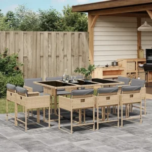 11 peças conj. jantar jardim com almofadões vime PE bege misturado | Material Impermeável