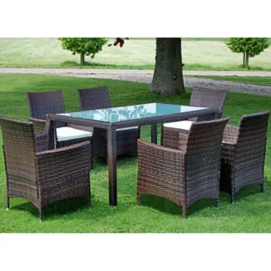 7 peças conjunto jantar exterior com almofadões vime PE castanho com Garantia de 1 Ano